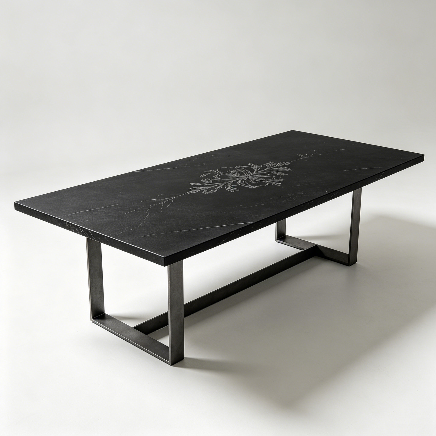 Dark Stone Vein‑Carved Long Coffee Table