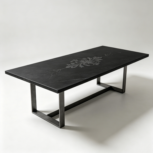 Dark Stone Vein‑Carved Long Coffee Table