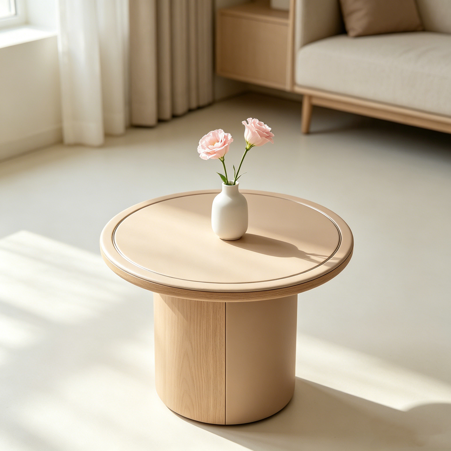 Beige Leather‑Wood Side Table