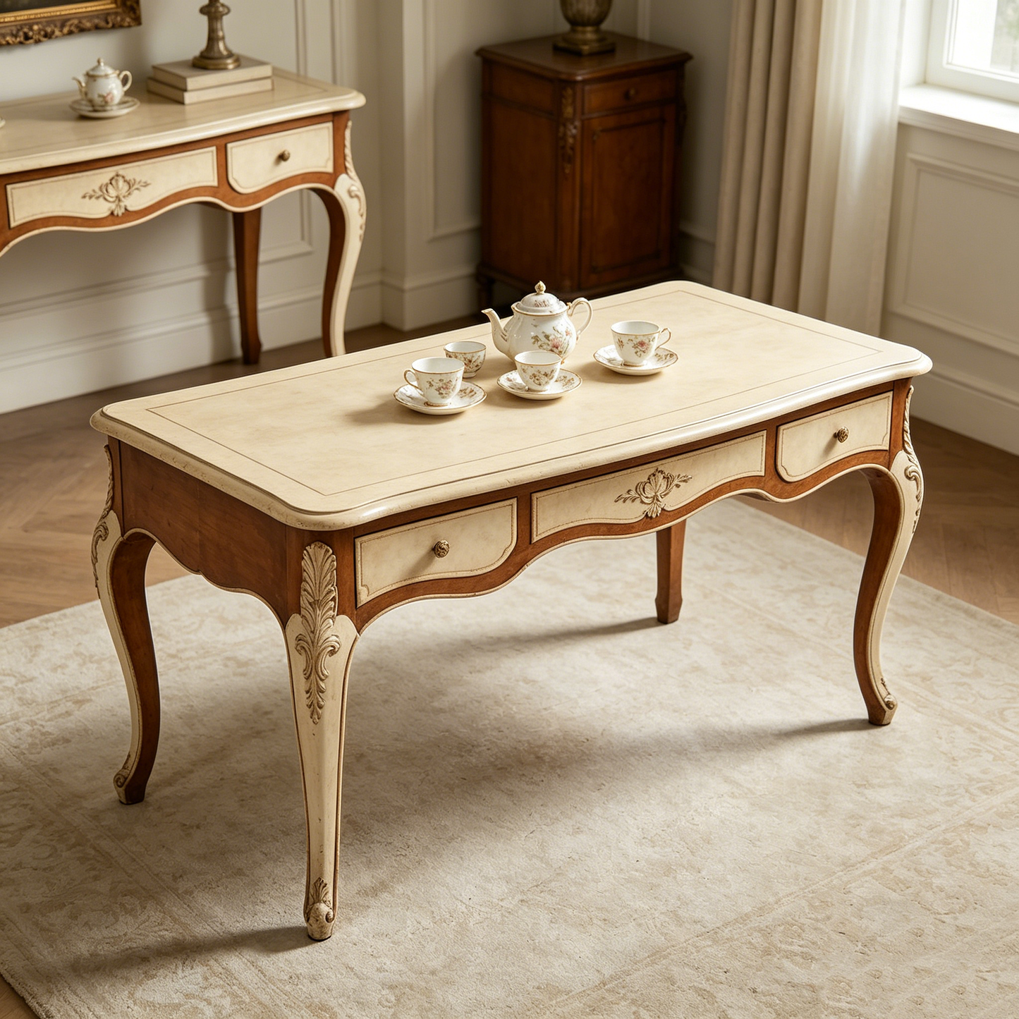 French Carved Drawer Vintage Long Table
