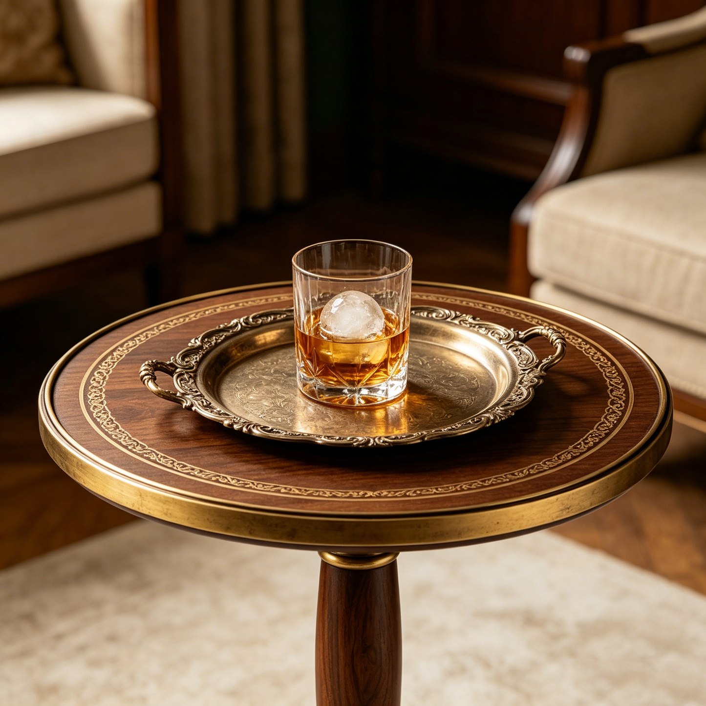 Vintage Walnut Brass Pedestal Table