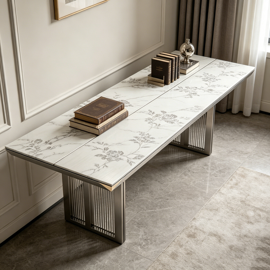 Luxury Silver Marble Floral Long Dining Table